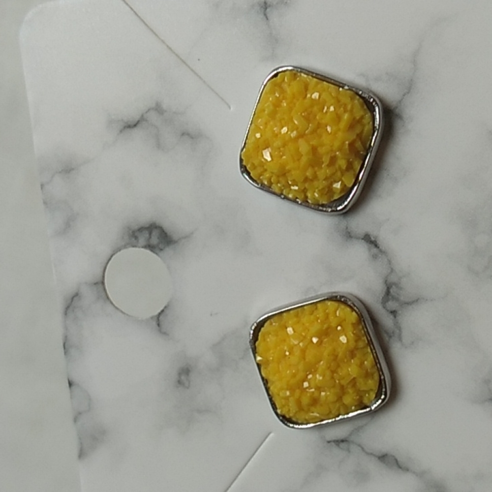 Stainless Steel Druzy Stud Earrings Square Shape Yellow (18)
